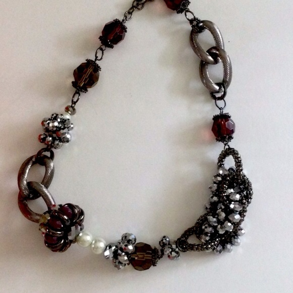 Silver crystal, brown, black statement necklace